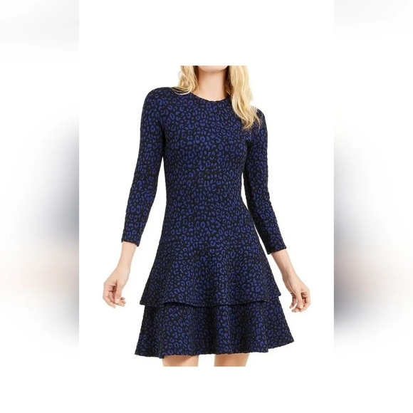 Michael Kors Flat Cat Jacquard Tiered Dress Black Twilight Blue Size Small NWT - Picture 1 of 9